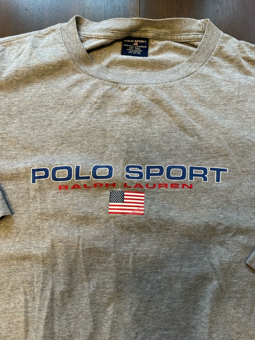 Ralph Lauren Polo Sport Heather Gray Tee with Blue Label and Flag